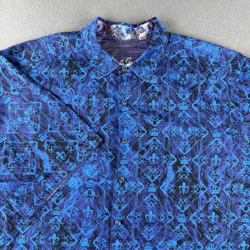 Robert Graham Mens 2XLT Blue Black Skull Crown Damask Short Sleeve Big And Tall